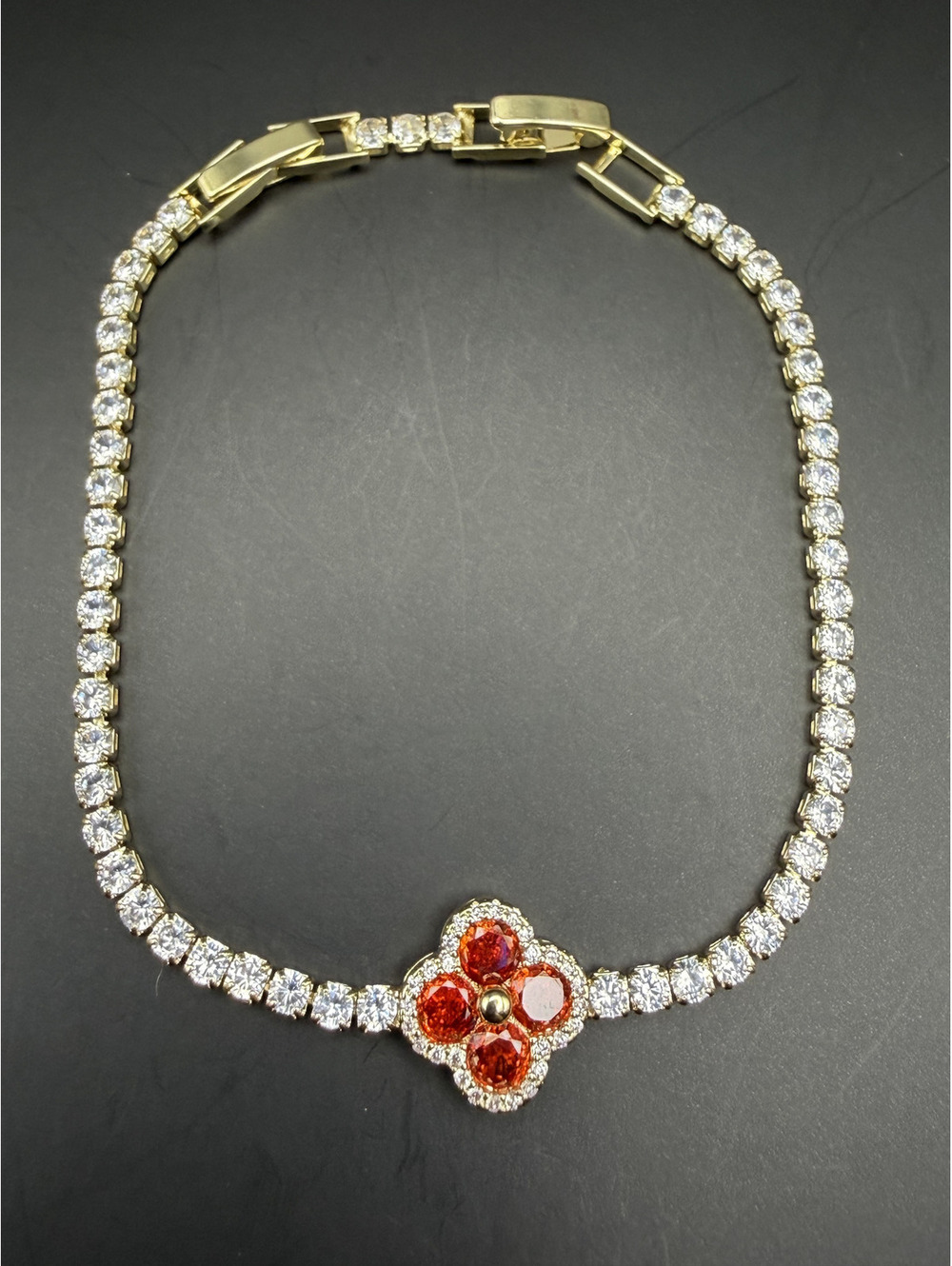 candy+clover orange clover crystal gold tone tennis bracelet